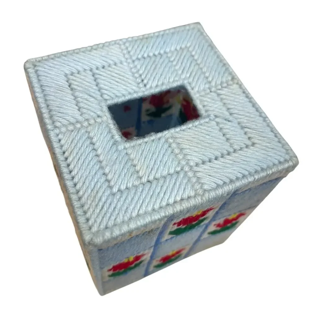 Vintage Handmade Yarn Tissue Box Cover Blue Floral Plastic Canvas Needlepoint